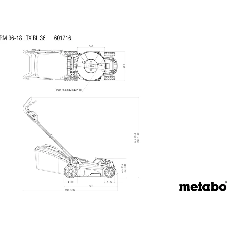 Metabo Akku Rasenmäher RM 36-18 LTX BL 36 (2x 18 Volt Li-Ion für Grundstücken bis 350 m², Schnittbreite: 36 cm, Mulchfunktion, bürstenloser Motor) ohne Akku und Ladegerät, im Karton – Bild 5