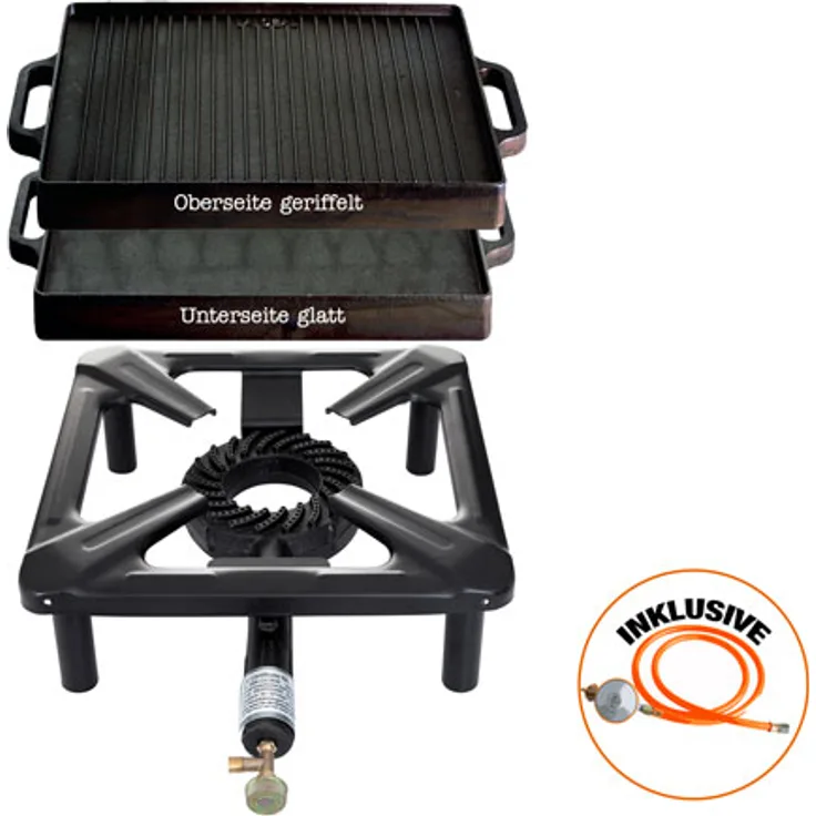 Hockerkocher-Set (klein) mit Gusseisengrillplatte 32 x 32 cm inkl. Gasschlauch & Regler