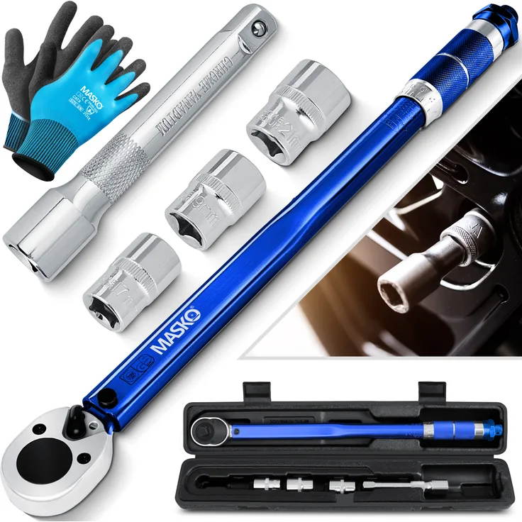 MASKO Drehmomentschlüssel 6tlg. Set 40-210Nm 1-2 ' CV inkl. 3 Stecknüssen 17mm, 19mm, 21mm und Verlängerung 125mm inkl. Koffer +- 4% Toleranz Reifenschlüssel Auto Drehmoment-Schlüssel Blau