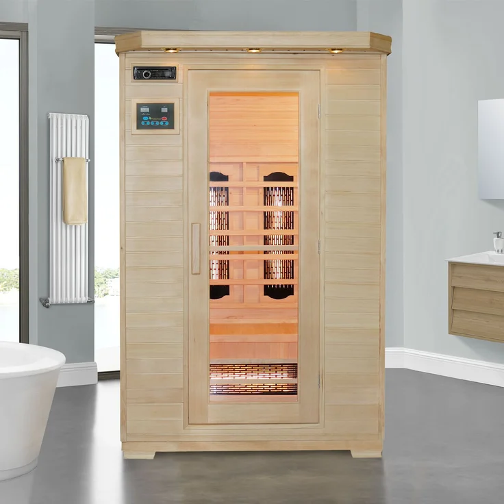 Artsauna Infrarotkabine Oslo – Vollspektrum Infrarotsauna für 2 Personen – LED-Farblicht, digitale Steuerung – 120 x 100 cm – Hemlock-Holz – Bild 2