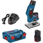 Bosch Professional Akku Kantenfräse GKF 12V-8 (Fräskopf-Schaft: 8 mm, inkl. 2x 3,0 Ah Akku + Schnellladegerät, Spannzange, Maulschlüssel, in L-BOXX 136)