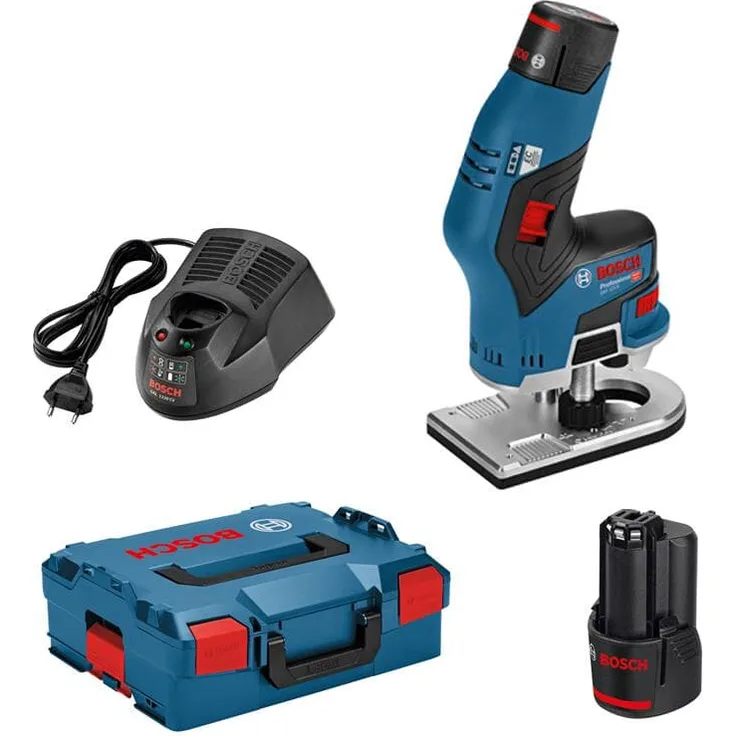 Bosch Professional Akku Kantenfräse GKF 12V-8 (Fräskopf-Schaft: 8 mm, inkl. 2x 3,0 Ah Akku + Schnellladegerät, Spannzange, Maulschlüssel, in L-BOXX 136)