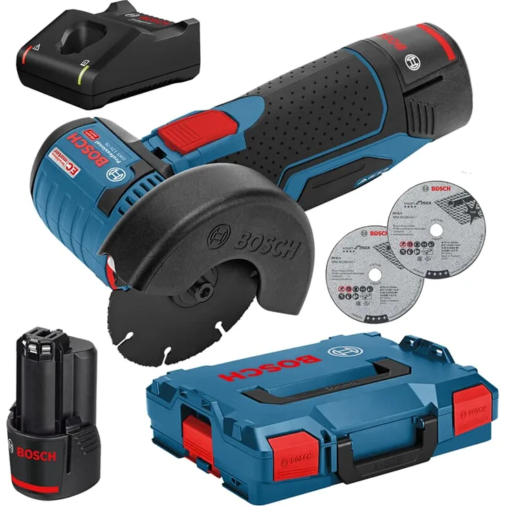 Bosch Professional 12V System Akku Winkelschleifer GWS 12V-76 (3 Trennscheiben, Scheibendurchmesser: 76 mm, 2x 3.0Ah Akkus und Ladegerät)