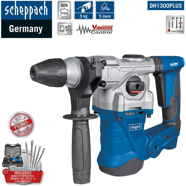 Scheppach Bohrhammer DH1300Plus (Schlaghammer mit 1250 W, 5 Joule, SDS plus Aufnahme, Drehzahl 850 min-1, Bohrleistung im Beton Ø 30mm) inkl. umfangreiches Zubehörset – Bild 2
