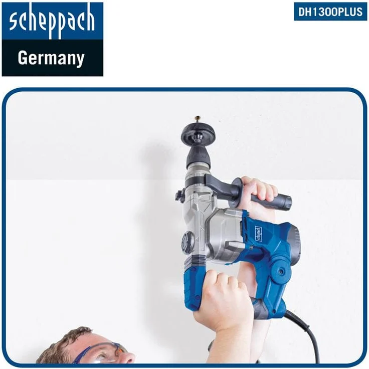 Scheppach Bohrhammer DH1300Plus (Schlaghammer mit 1250 W, 5 Joule, SDS plus Aufnahme, Drehzahl 850 min-1, Bohrleistung im Beton Ø 30mm) inkl. umfangreiches Zubehörset – Bild 4