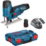 Bosch Professional 12V System Akku Stichsäge GST 12V-70 (2x Sägeblatt, Gleitschuh, Spanreißschutz, Schnitttiefe in Holz: 70 mm, 2x 3.0Ah Akkus und Ladegerät, in L-Boxx)