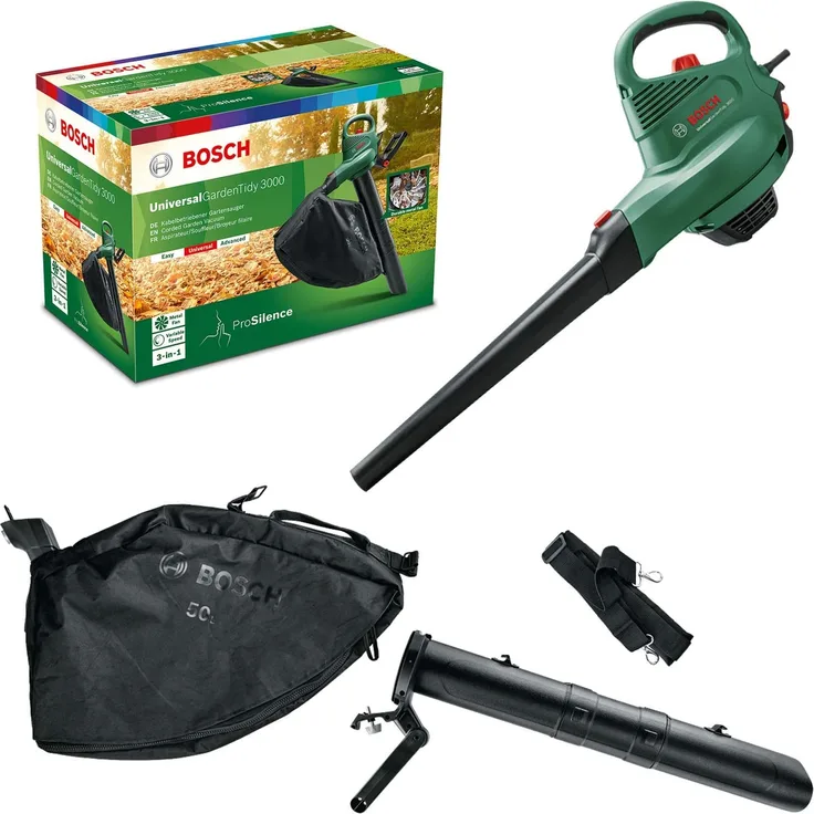 Bosch elektrischer Laubsauger/Laubbläser UniversalGardenTidy 3000 (3000 W, Fangsack 50 l, stufenlose Drehzahleinstellung, zum Blasen, Saugen und Häckseln von Laub, im Karton)