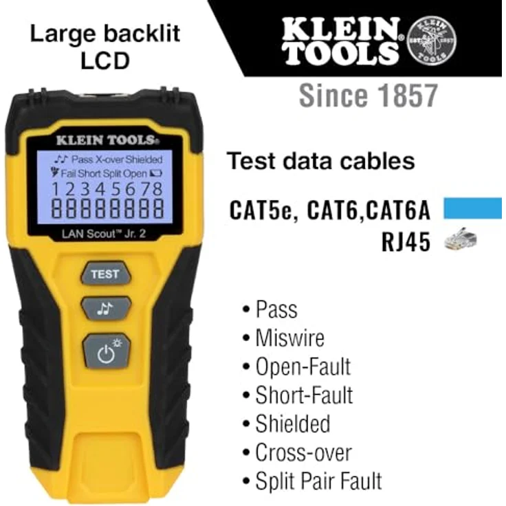 Klein Tools LAN Scout Junior 2, Multimeter und Kabeltester für CAT 5e/6/6A mit beleuchtetem Display und intuitiver Benutzeroberfläche – Bild 3