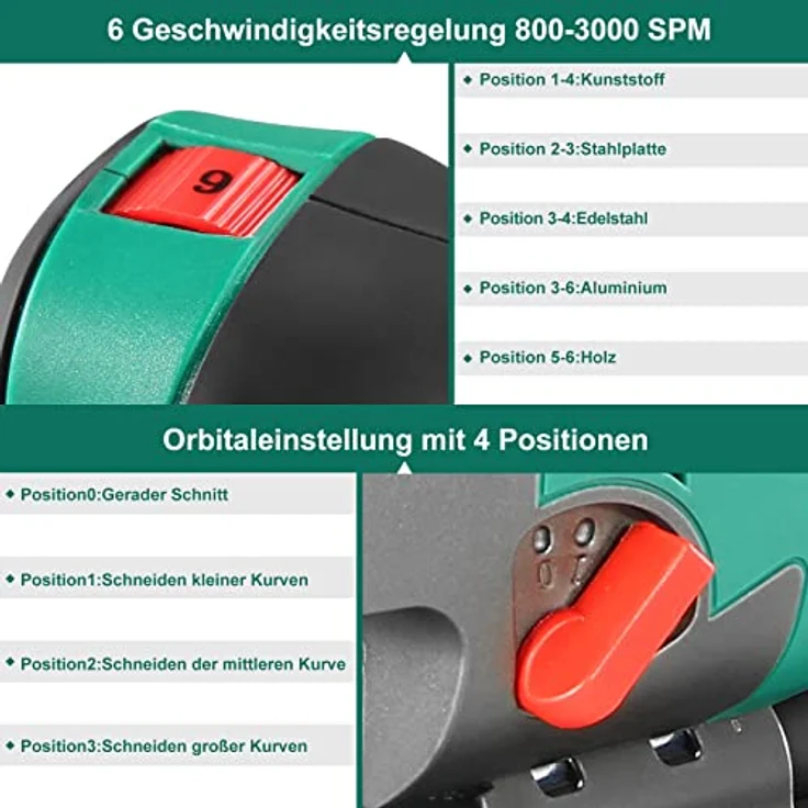 Stichsäge, 750W Max Holz Schnitttiefe 110mm, 800-3000SPM HYCHIKA Elektrische Stichsäge mit Laser, 6 Variable Geschwindigkeiten und 0-3 Orbital Position, 6 Blätter, Fasenschneiden: -45 °bis 45 – Bild 5