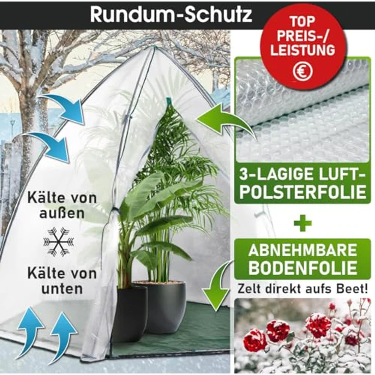 BRAST Überwinterungszelt Foliengewächshaus Mini 160x160x180cm - 250x250x220cm mit Reißverschluss, wahlweise Heizungsoption, schnellaufbaubarer Winterschutz für Pflanzen – Bild 5