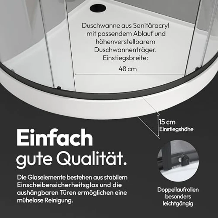 Marwell Komplettdusche Grey Style Round, 90x90 cm, Fertigdusche mit 5mm gehärtetem Glas – Bild 7