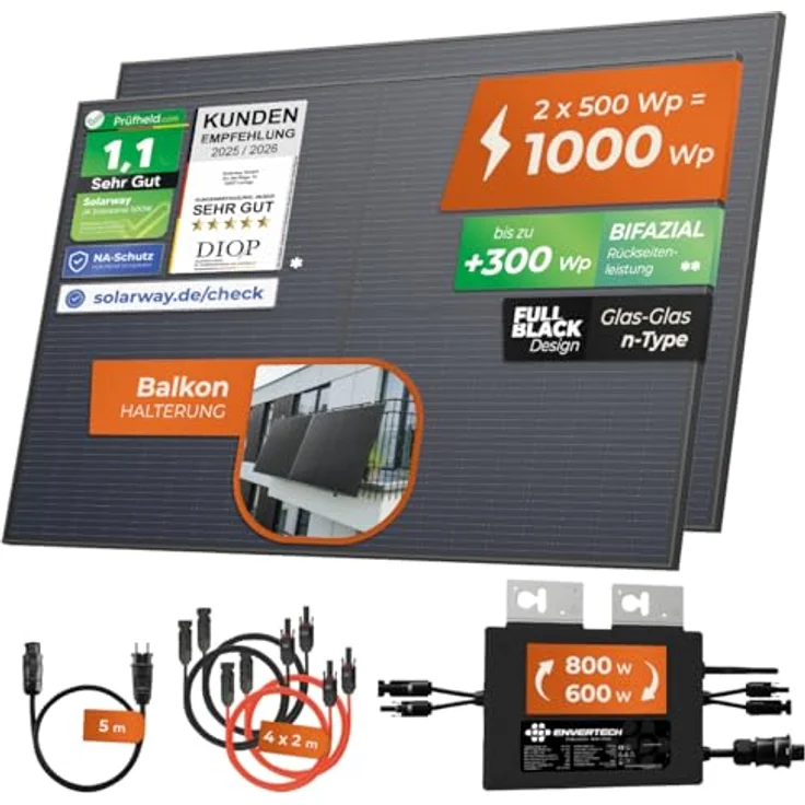 Solarway® 1000W Balkonkraftwerk, Komplettset mit 2 x 500W Bifazialen Solarmodulen in BLACK, 800W Wechselrichter von Envertech, WiFi-Überwachung, genehmigungsfrei – Bild 2