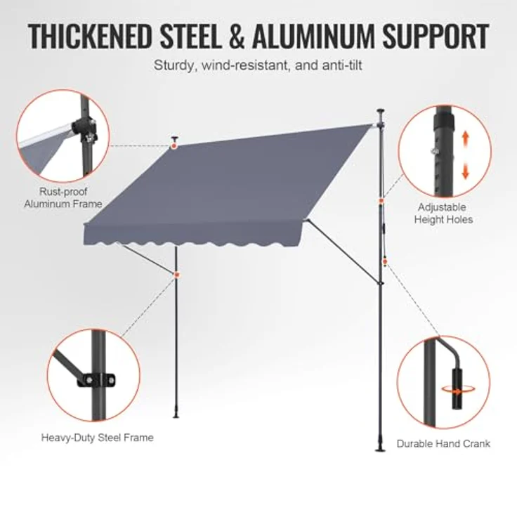 VEVOR Klemmmarkise 250 x 120 cm, Balkonmarkise mit Handkurbel, wasserdicht und höhenverstellbar, Grau – Bild 3