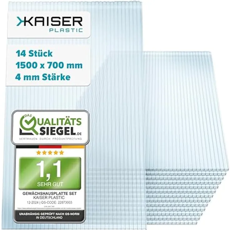 KAISER plastic Gewächshausplatten Xtra Strong, 14 Stk. Polycarbonat Doppelstegplatte, 700g/m2, 700 x 1500 mm, 4mm Stärke, UV-beständig, 14,70m2 Gesamtfläche