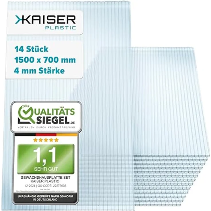 KAISER plastic Gewächshausplatten Xtra Strong, 14 Stk. Polycarbonat Doppelstegplatte, 700g/m2, 700 x 1500 mm, 4mm Stärke, UV-beständig, 14,70m2 Gesamtfläche – Bild 1
