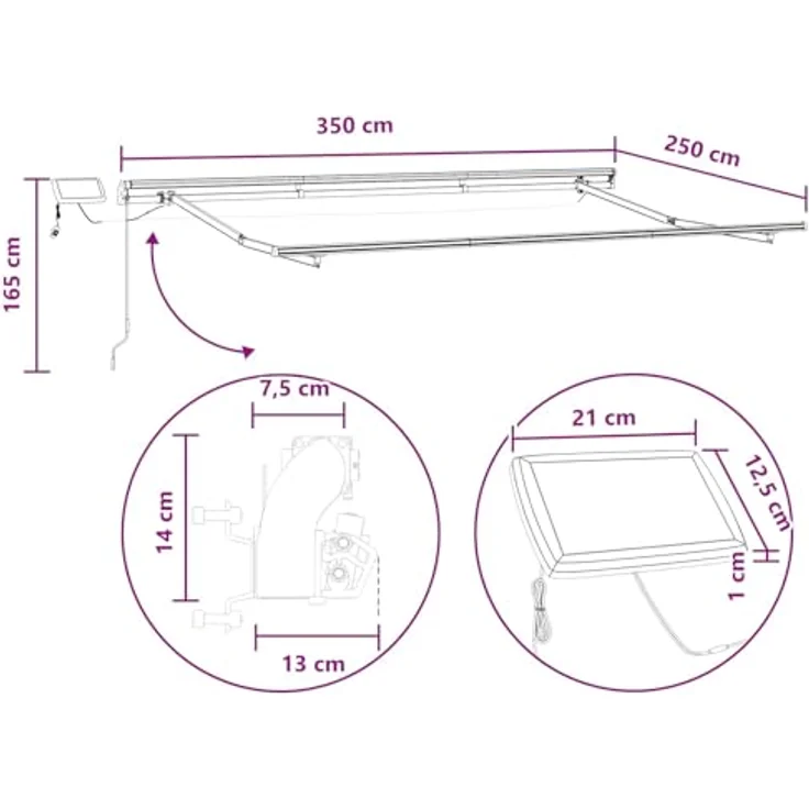 vidaXL Ausziehbare Markise Taupe 350 x 250 cm, UV-beständiges Gewebe mit Aluminiumrahmen, solarbetriebene LEDs – Bild 3
