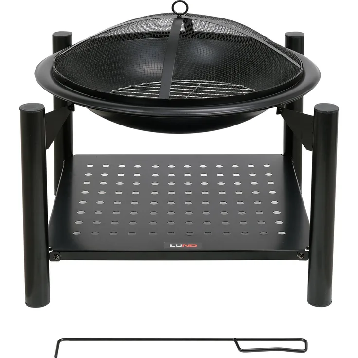 TRIZERATOP Stahl-Feuerschale mit Holzablage, 58 x 58 x 55 cm, schwarz emailliert, inklusive Funkenschutzgitter und Schürhaken