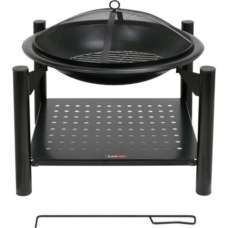TRIZERATOP Stahl-Feuerschale mit Holzablage, 58 x 58 x 55 cm, schwarz emailliert, inklusive Funkenschutzgitter und Schürhaken