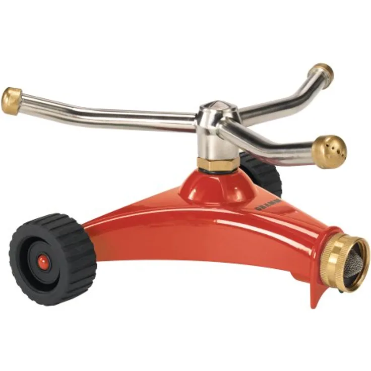 DRAMM 15051 ColorStorm Premium 3-Arm Whirling Sprinkler with Heavy Duty Metal Wheeled Base, Red