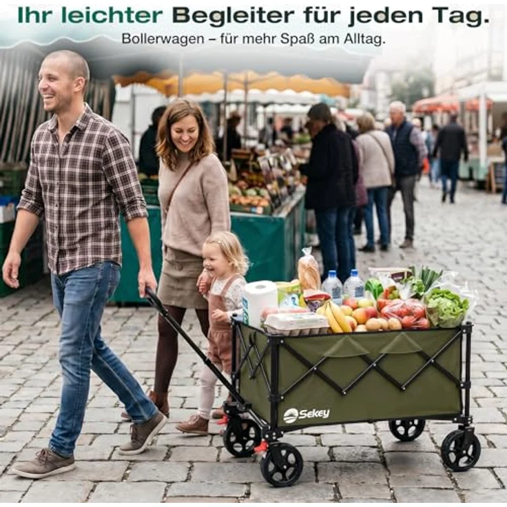 Sekey Bollerwagen XXL 4026, Faltbar mit 135L Volumen, 150KG Belastbarkeit, Klappbarer Transportwagen mit Geländereifen und Bremse, Olivgrün – Bild 2