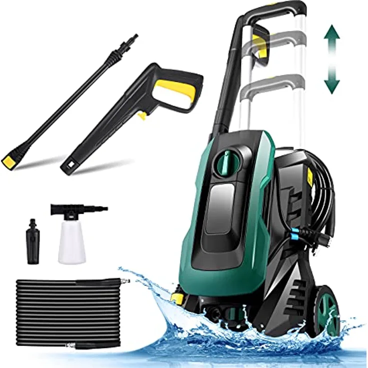 Elektrischer Hochdruckreiniger mit Schlauchtrommel, COOCHEER 1800W, 135Bar tragbarer Düsen, Seifenflasche für Haus/Garten/Autoreinigung, dunkelgrün