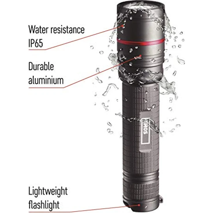 EMOS aufladbare Metall-Taschenlampe mit Fokus, superhelle 600 lm CREE-LED taktische Handlampe mit 230 m Leuchtweite, wasserdichte Akku-Handlampe mit 3 Lichtmodi, Band und Beutel, schwarz, ULTIBRIGHT – Bild 5