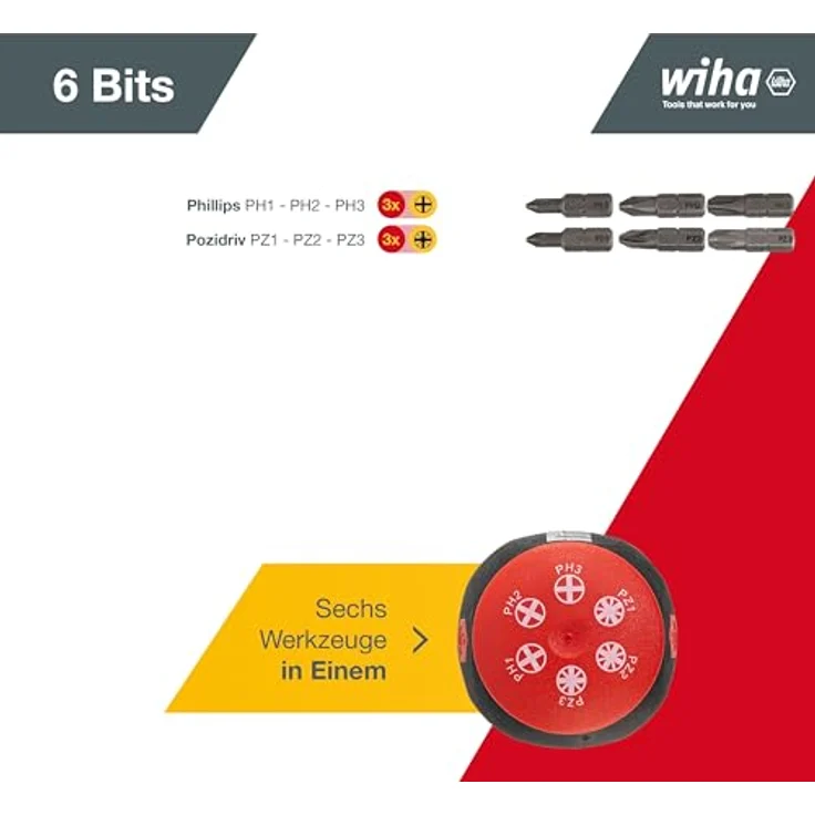 Wiha Schraubendreher mit Bit Magazin magnetisch Pozidriv, Phillips mit 6 Bits, Stubby, 1-4'' in Blister (33741) - Preisvergleich – Bild 2