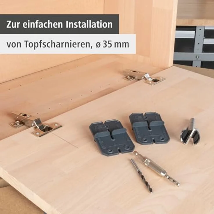 wolfcraft Scharnierloch-Set, 5-teilig mit Ø 35 mm Forstnerbohrer und Bohrschablonen für Topfscharniere – Bild 3