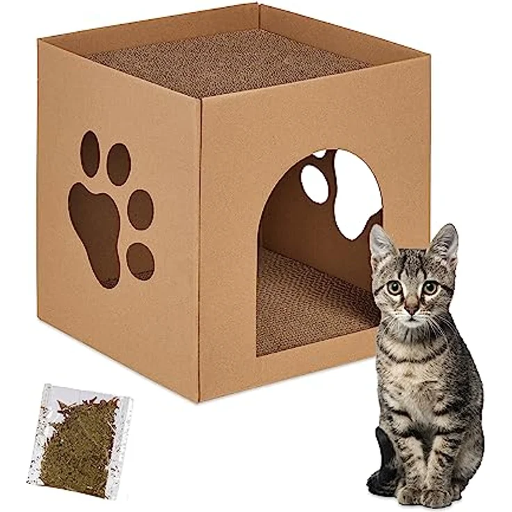 relaxdays Katzenzelt Katzenhaus Pappe mit Kratzbrett, braun, modernes Design mit Pfotenfenstern und individuell gestaltbar – Bild 1