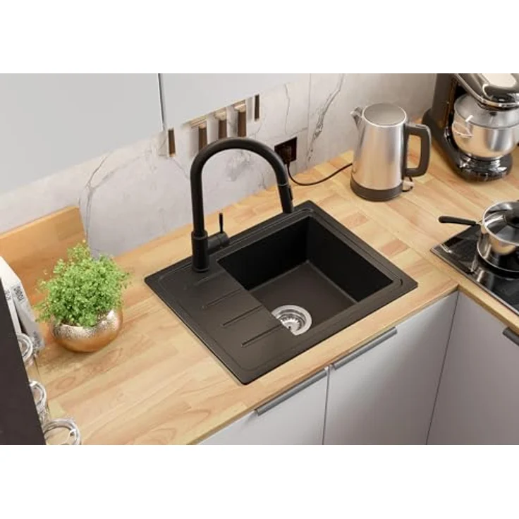 Primagran Spülbecken Alles Schwarz 55x44cm, Granitspüle mit 1 Becken + Ablauf-Set, Küchenspüle ab 45er Unterschrank - Kopenhagen Easy, 35 Jahre Herstellergarantie – Bild 3