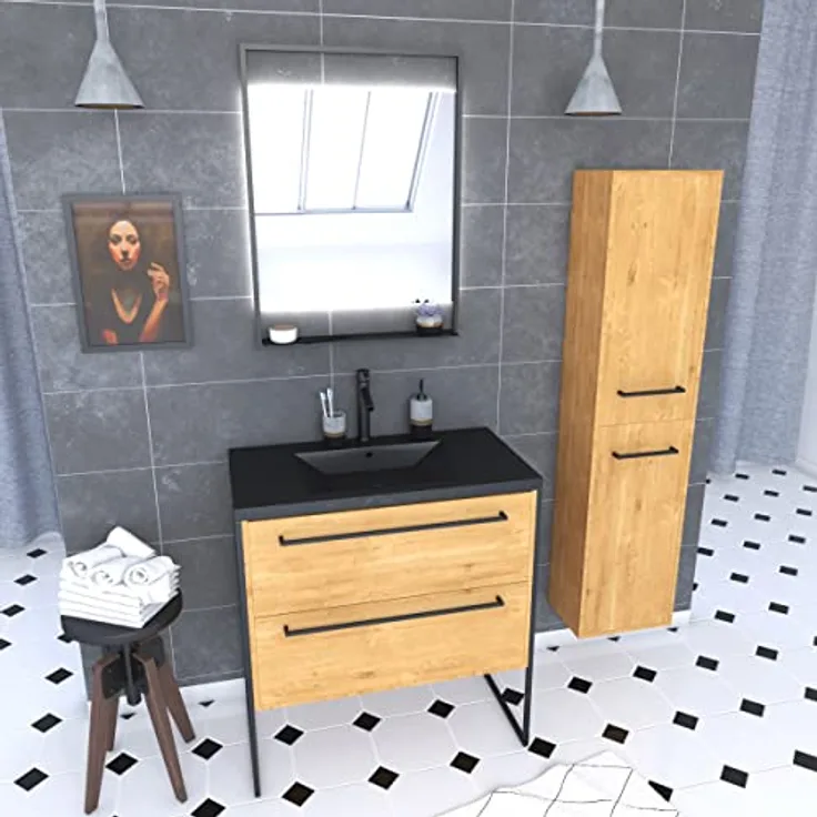AURLANE PACM107 Structura P107 Badezimmermöbel, Schwarz/Eiche Braun, Large