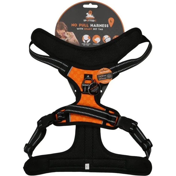 Spotted! Pro NO-Pull Hundegeschirr und Leine, Orange, Größe L, mit reflektierenden Elementen und QR-Code Hundemarke