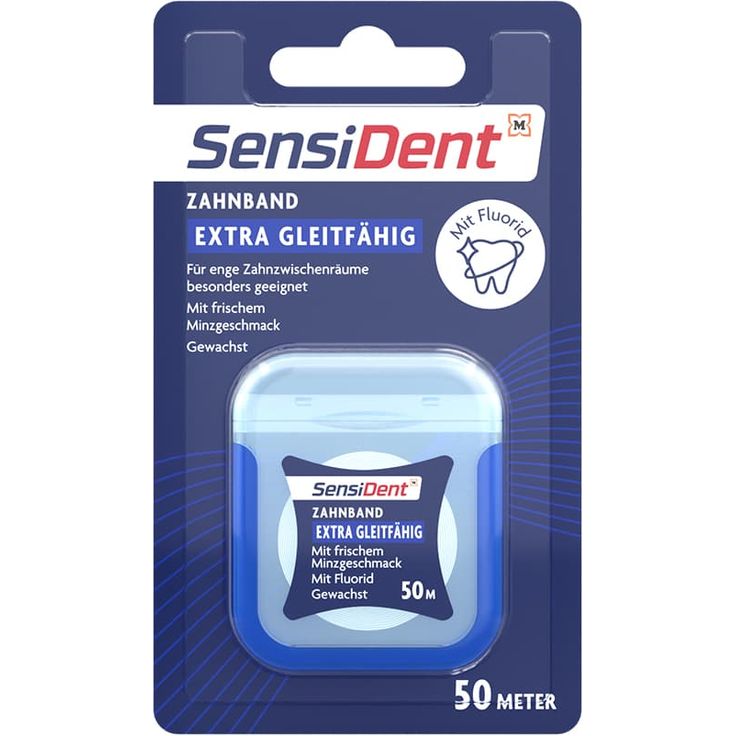 SensiDent Zahnband extra gleitfähig, Gewachstes Zahnband mit Fluorid & Minzgeschmack, Schonende Plaque-Entfernung, 50 m