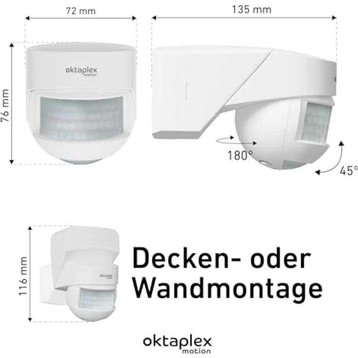 Oktaplex motion Lea Bewegungsmelder Außen, IP54, Infrarot Sensor 180°, Reichweite 12 m, Wand-/Deckenmontage, 230V, LED geeignet, weiß – Bild 6