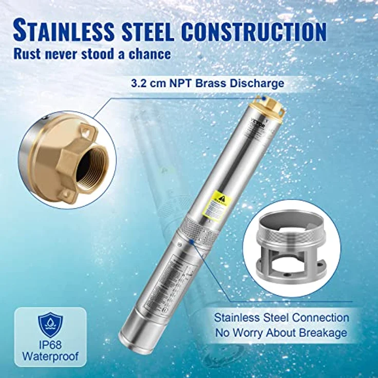 VEVOR 4" Tiefbrunnenpumpe 370W Brunnenpumpe 110L/min Tauchpumpe max. Förderhöhe 44m Rohrpumpe 230V 50Hz Sandpumpe Edelstahl Wasserpumpe 0-40℃ Pumpe Ideal zum Bewässern Wasser-Versorgen Entwässern – Bild 4