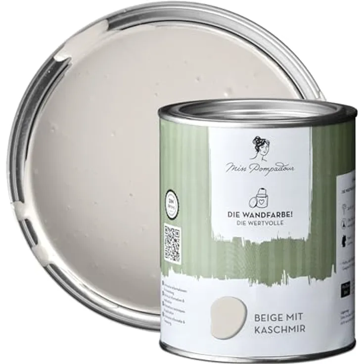 MissPompadour Wandfarbe Beige mit Kaschmir, matte Innenfarbe mit 1 L, sehr hohe Deckkraft, geruchsneutral und spritzfrei, wasserbasiert