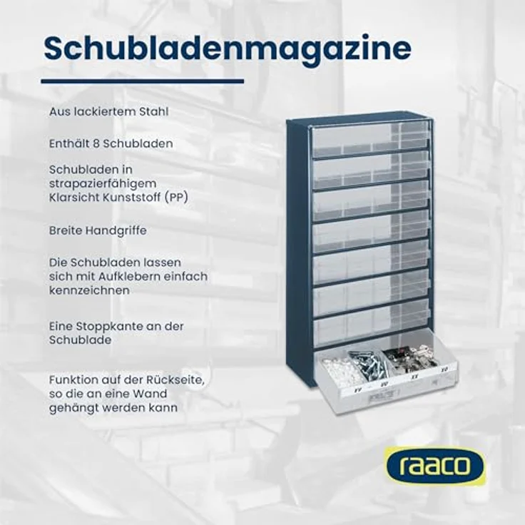 Raaco Werkstattschrank 1208-03, Kleinteilemagazin aus galvanisiertem Stahlblech, 8 transparente Polypropylen-Schubladen, dunkelblau (30,60 x 55,20 cm) – Bild 3