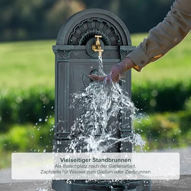 relaxdays Gartenbrunnen Standbrunnen im Engel-Design, Grau, mit Wasserhahn und Becken, nostalgisches Antik-Design – Bild 3