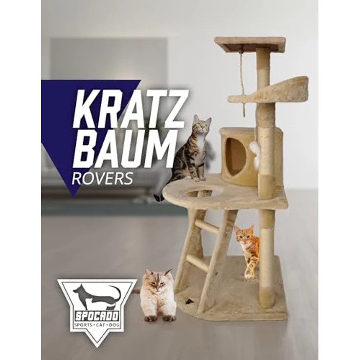 Spocado SPOCADO Rovers Katzenkratzbaum 120 x 55 x 55 cm - Vielseitiges Design mit geräumiger Höhle, Aussichtsplattform und Sisalpfosten. Idealer Rückzugsort für Katzen, einfacher Aufbau (Beige) – Bild 2