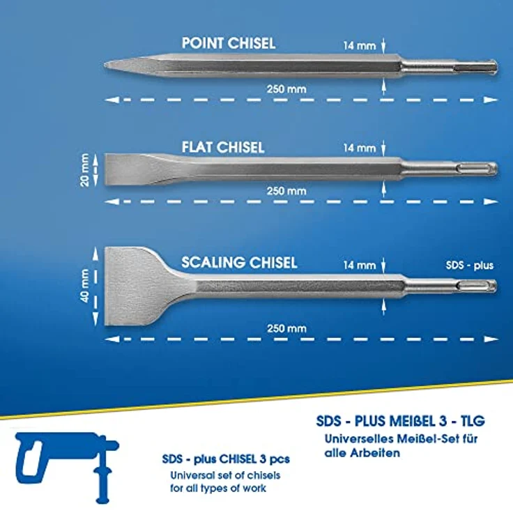 S&R Bohrhammer Meißel-Set SDS-plus, 3-teilig, robust und hitzegehärtet – Flachmeißel, Spatmeißel, Spitzmeißel für Beton, Mauerwerk, Ziegel, und Asphalt – Bild 2