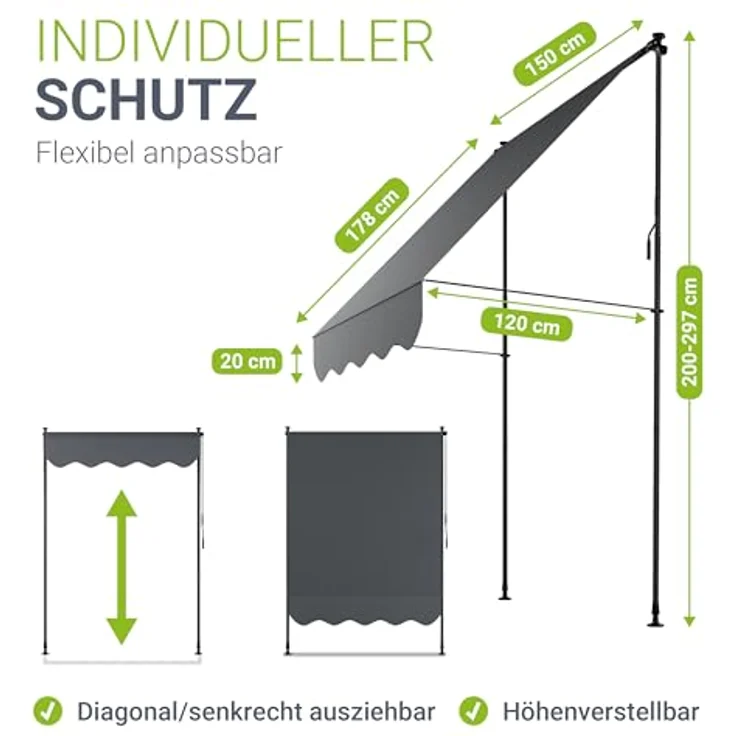 Juskys Klemmmarkise Kapstadt Grau, Montage ohne Bohren, höhenverstellbar, senkrecht/diagonal ausziehbar – Bild 5
