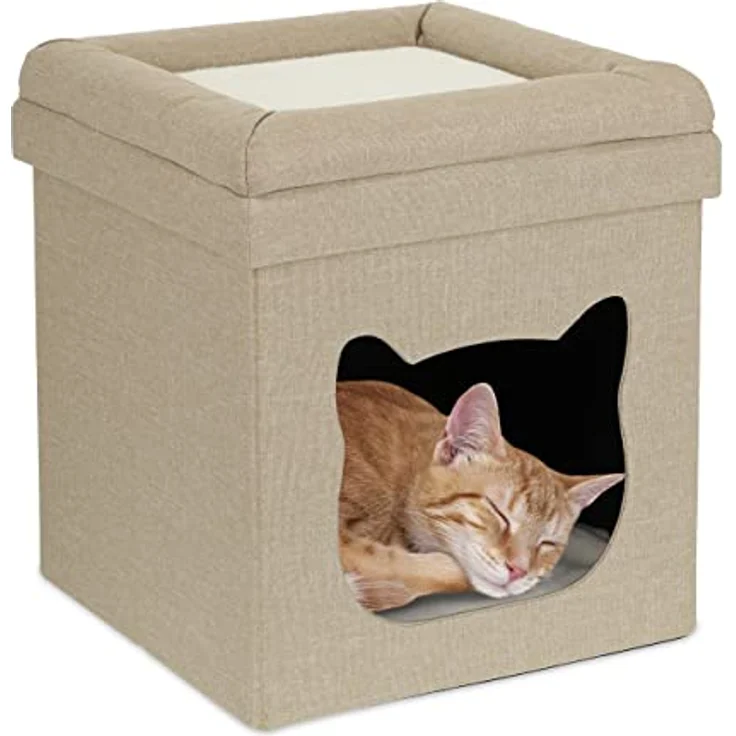 Relaxdays Katzenhöhle Indoor, Schlafplatz für Samtpfoten, Katzenbox 2 Etagen, faltbar, HBT: 44 x 40 x 40 cm, braun/weiß – Bild 1