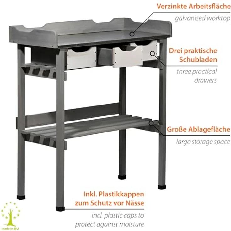dobar® Pflanztisch, 3 Schubladen und Ablageboden, Massivholz mit verzinkter Arbeitsplatte, 78 x 38 x 88 cm, Grau-Weiß – Bild 3
