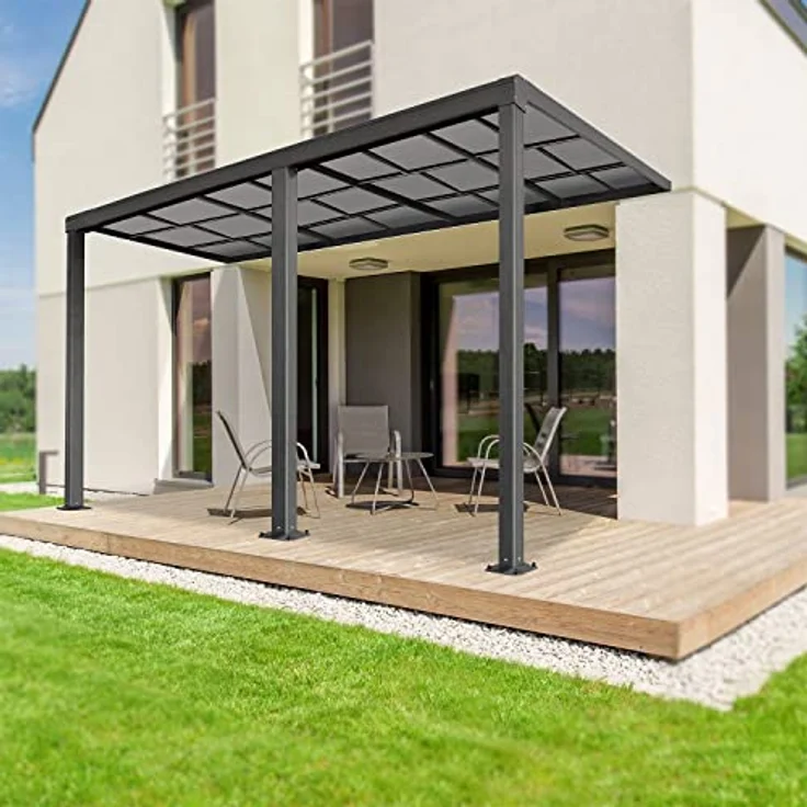 Juskys Terrassenüberdachung 6x3 m mit Schiebedach - Terrassendach aus Aluminium mit Doppelstegplatten - wetterfeste Überdachung mit UV-Schutz - Grau - Preisvergleich – Bild 2