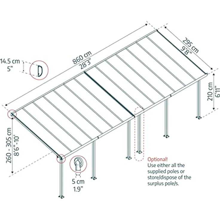 CANOPIA Terrassenüberdachung Alu Olympia 3X8.51 Polycarbonat Pergola Grau, 860 x 295 cm, UV-Schutz, einfache Montage – Bild 2