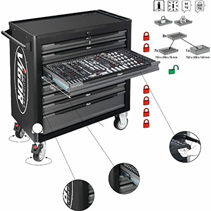 Vigor Werkstattwagen Series XL, Kunststoff-Arbeitsplatte, 8 Schubladen, schwarz, leer – Bild 2