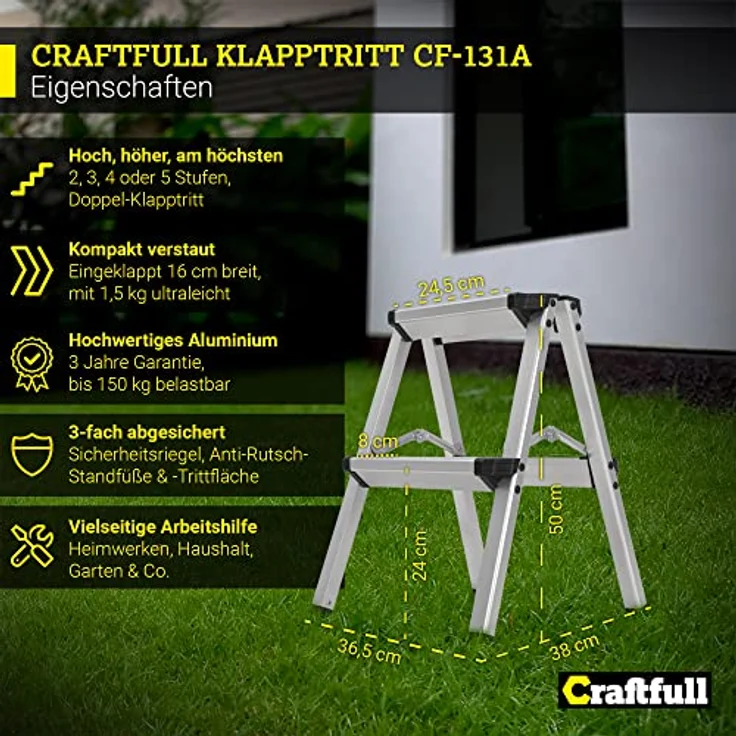 Craftfull Doppel-Klapptritt CF-131A Trittleiter Stufenstehleiter Alu Leiter (2 x 2 Stufen) – Bild 3