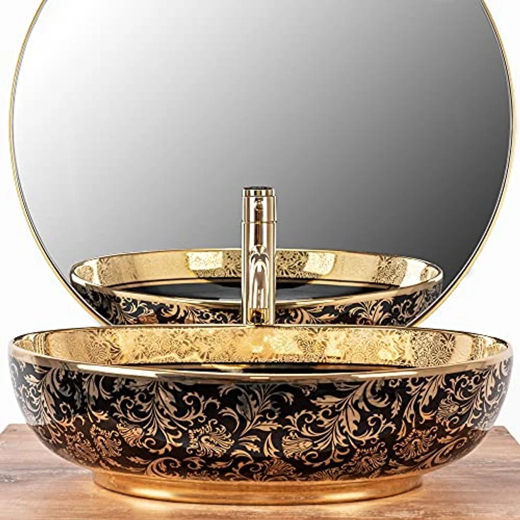 Rea Waschbecken Waschtisch Aufsatzwaschbecken Keramik Handwaschbecken Aufsatz Waschschale Gold Schwarz Rund 40x52 – Bild 3