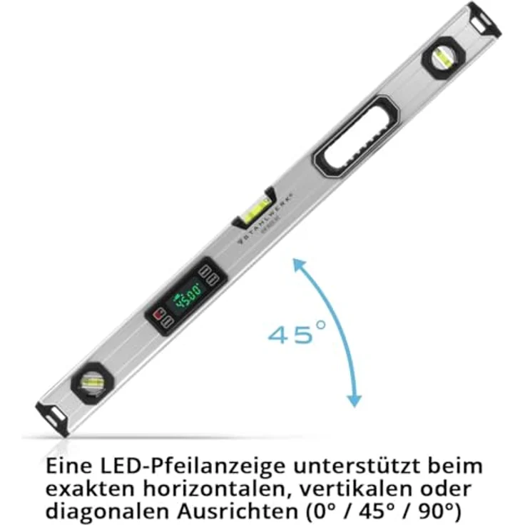 STAHLWERK Digitale Wasserwaage DW-800 ST aus Aluminium 800 mm Länge magnetische Richtwaage - LED-Display, horizontale Libelle, akustisches Signal, silber – Bild 4