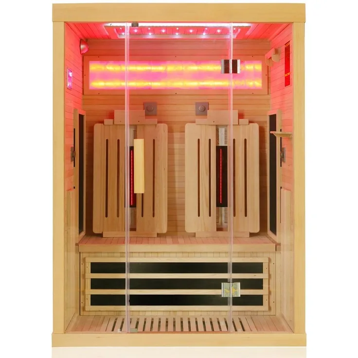 Dewello Infrarotkabine SALTCOATS 135 Wärmekabine, bis zu 2 Personen, BxTxH: 135 x 105 x 190 cm, mit Farblichttherapie, Ionisator, Natursalzstein, Multimedia (USB & Bluetooth) - Hemlock Holz, leichter Aufbau